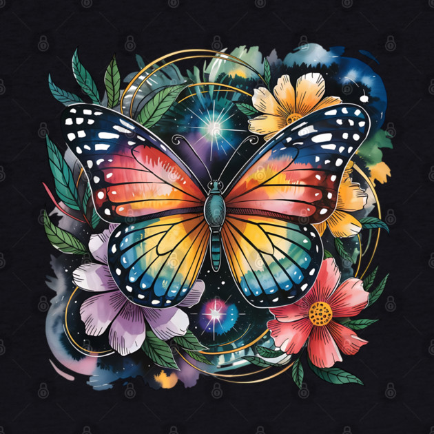 Celestial Butterfly with Watercolor Florals and Stars by BirdsnStuff