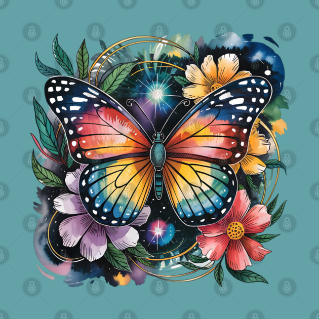 Celestial Butterfly with Watercolor Florals and Stars by BirdsnStuff