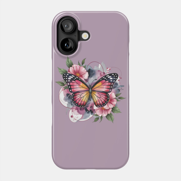 Pink and Gold Butterfly with Soft Floral Watercolors Phone Case by BirdsnStuff