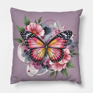 Pink and Gold Butterfly with Soft Floral Watercolors Pillow
