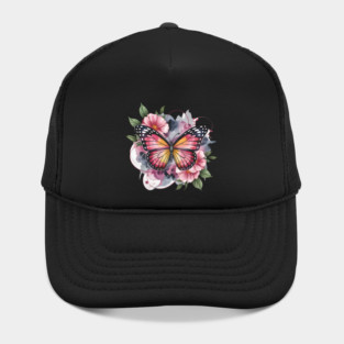 Pink and Gold Butterfly with Soft Floral Watercolors Hat