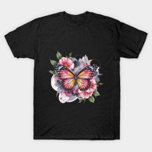Pink and Gold Butterfly with Soft Floral Watercolors T-Shirt