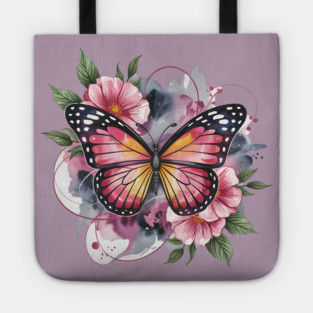 Pink and Gold Butterfly with Soft Floral Watercolors Tote