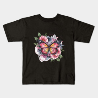 Pink and Gold Butterfly with Soft Floral Watercolors Kids T-Shirt