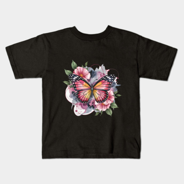 Pink and Gold Butterfly with Soft Floral Watercolors Kids T-Shirt by BirdsnStuff