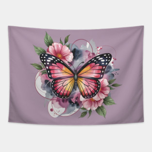 Pink and Gold Butterfly with Soft Floral Watercolors Tapestry