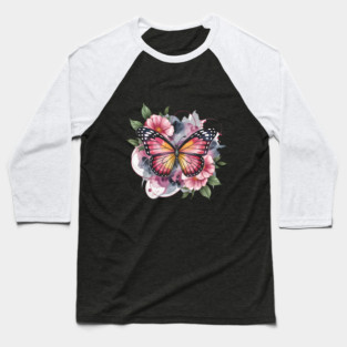 Pink and Gold Butterfly with Soft Floral Watercolors Baseball T-Shirt