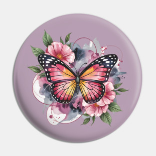 Pink and Gold Butterfly with Soft Floral Watercolors Pin