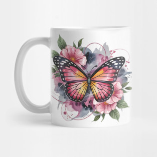 Pink and Gold Butterfly with Soft Floral Watercolors Mug