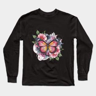 Pink and Gold Butterfly with Soft Floral Watercolors Long Sleeve T-Shirt