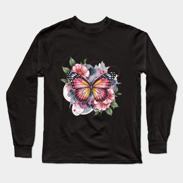 Pink and Gold Butterfly with Soft Floral Watercolors Long Sleeve T-Shirt by BirdsnStuff