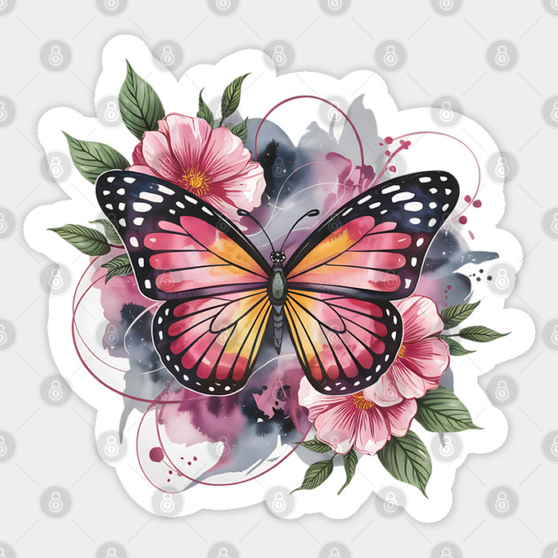Pink and Gold Butterfly with Soft Floral Watercolors Sticker by BirdsnStuff