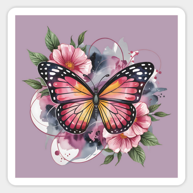 Pink and Gold Butterfly with Soft Floral Watercolors Magnet by BirdsnStuff