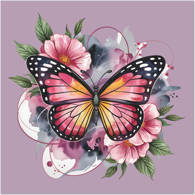 Pink and Gold Butterfly with Soft Floral Watercolors Wall Art by BirdsnStuff