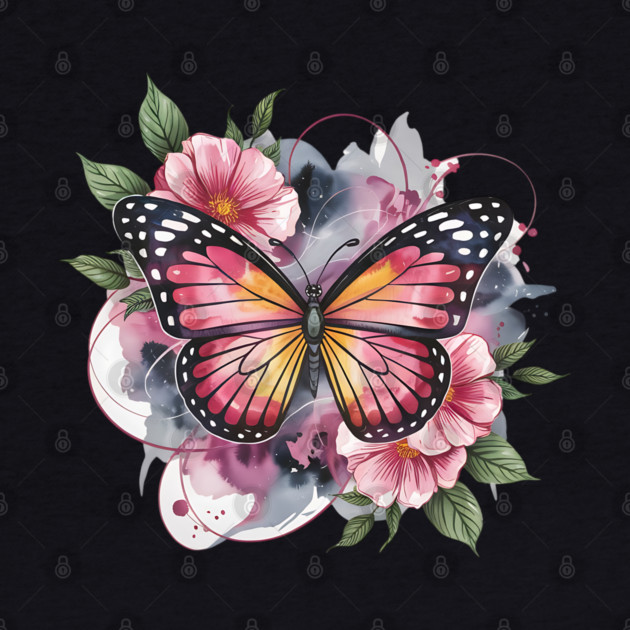 Pink and Gold Butterfly with Soft Floral Watercolors by BirdsnStuff