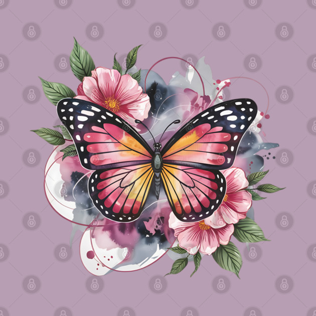 Pink and Gold Butterfly with Soft Floral Watercolors by BirdsnStuff