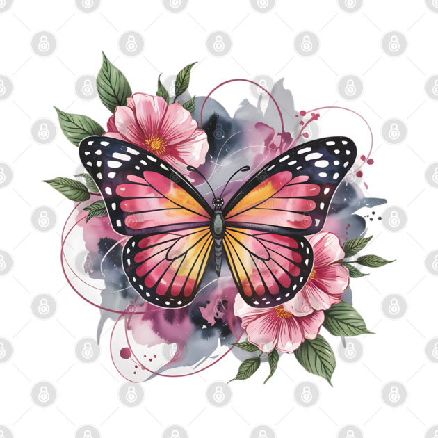Pink and Gold Butterfly with Soft Floral Watercolors by BirdsnStuff