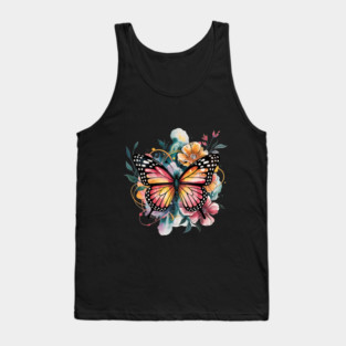 Vibrant Butterfly with Golden Florals and Aqua Glow Tank Top