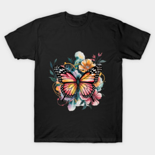 Vibrant Butterfly with Golden Florals and Aqua Glow T-Shirt