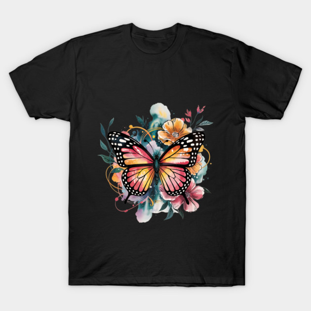 Vibrant Butterfly with Golden Florals and Aqua Glow T-Shirt by BirdsnStuff