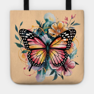 Vibrant Butterfly with Golden Florals and Aqua Glow Tote