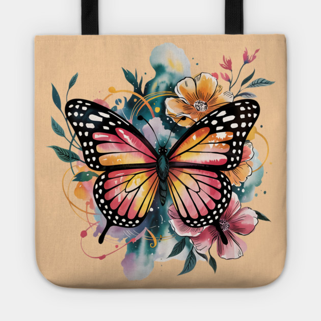 Vibrant Butterfly with Golden Florals and Aqua Glow Tote by BirdsnStuff