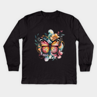 Vibrant Butterfly with Golden Florals and Aqua Glow Kids Long Sleeve T-Shirt