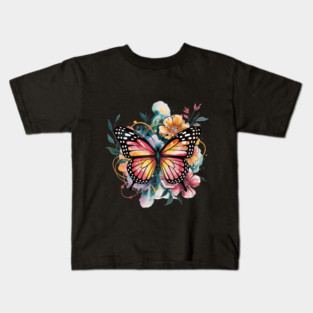 Vibrant Butterfly with Golden Florals and Aqua Glow Kids T-Shirt