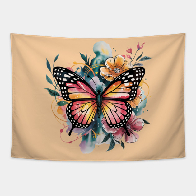 Vibrant Butterfly with Golden Florals and Aqua Glow Tapestry by BirdsnStuff
