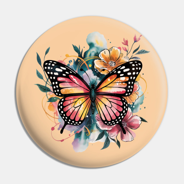 Vibrant Butterfly with Golden Florals and Aqua Glow Pin by BirdsnStuff