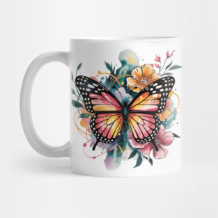 Vibrant Butterfly with Golden Florals and Aqua Glow Mug