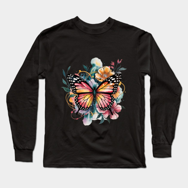 Vibrant Butterfly with Golden Florals and Aqua Glow Long Sleeve T-Shirt by BirdsnStuff