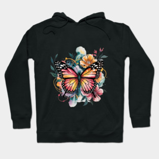 Vibrant Butterfly with Golden Florals and Aqua Glow Hoodie