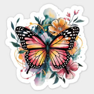 Vibrant Butterfly with Golden Florals and Aqua Glow Sticker