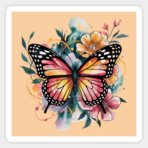 Vibrant Butterfly with Golden Florals and Aqua Glow Magnet by BirdsnStuff