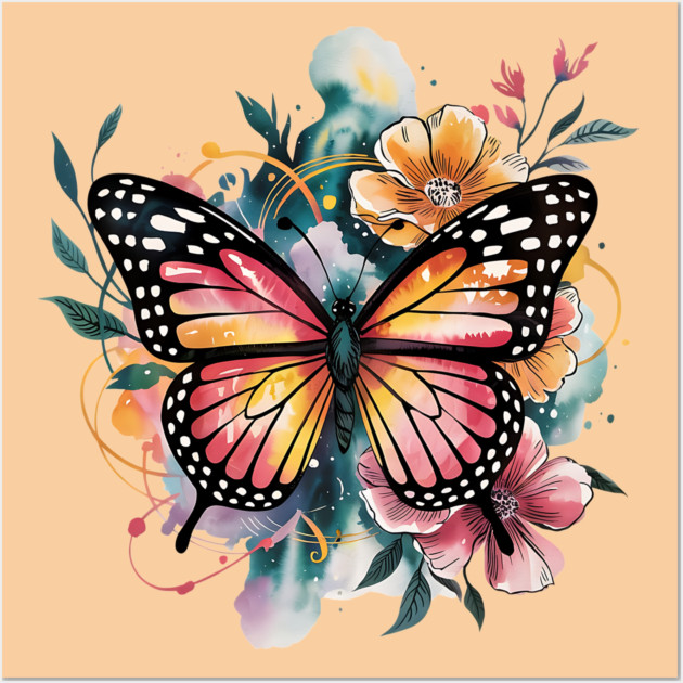 Vibrant Butterfly with Golden Florals and Aqua Glow Wall Art by BirdsnStuff