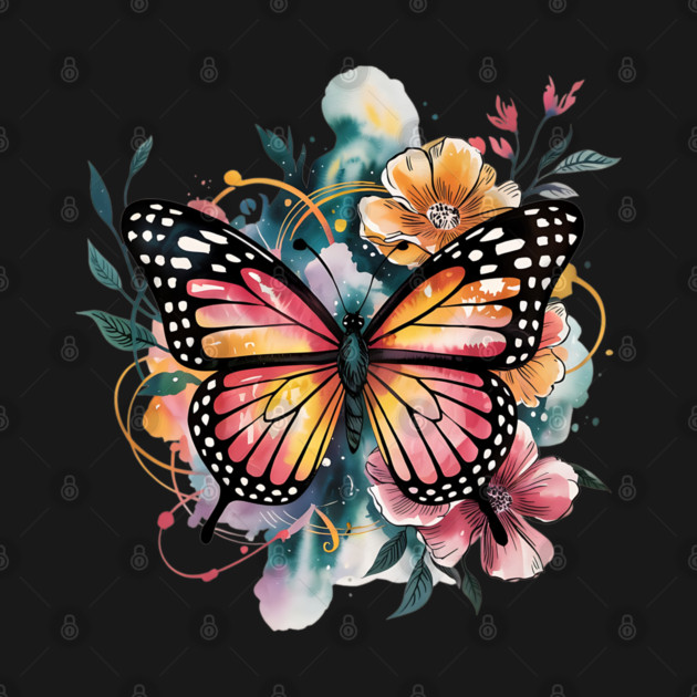 Vibrant Butterfly with Golden Florals and Aqua Glow by BirdsnStuff