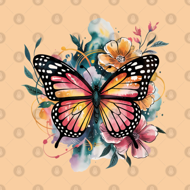 Vibrant Butterfly with Golden Florals and Aqua Glow by BirdsnStuff