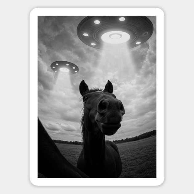 Funny Horse Selfie with UFOs on a Farm Magnet by Megadorim