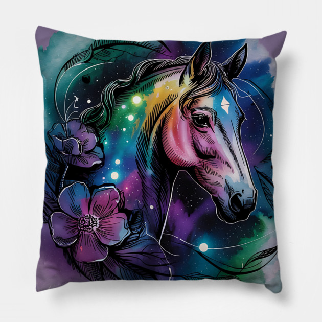 Galaxy Horse with Celestial Aura and Cosmic Florals Pillow by BirdsnStuff