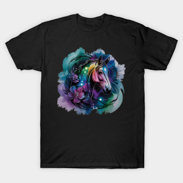 Galaxy Horse with Celestial Aura and Cosmic Florals T-Shirt by BirdsnStuff