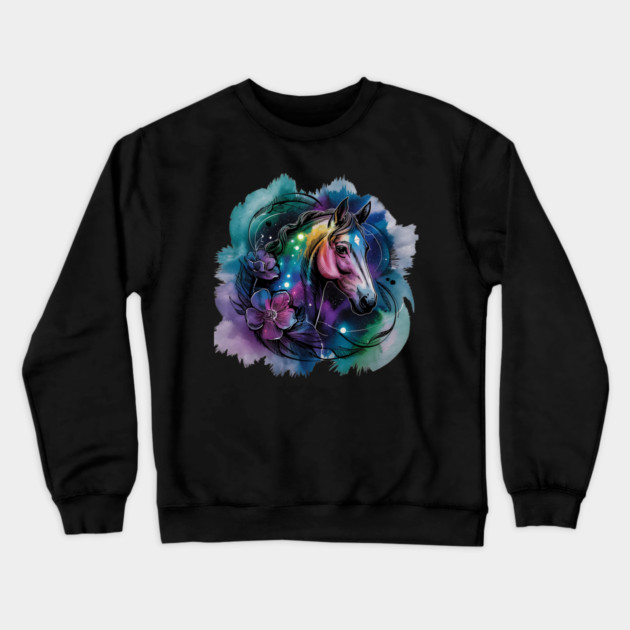 Galaxy Horse with Celestial Aura and Cosmic Florals Crewneck Sweatshirt by BirdsnStuff