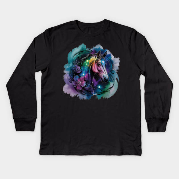 Galaxy Horse with Celestial Aura and Cosmic Florals Kids Long Sleeve T-Shirt by BirdsnStuff