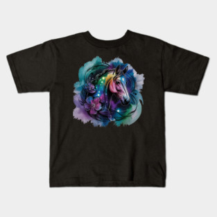 Galaxy Horse with Celestial Aura and Cosmic Florals Kids T-Shirt