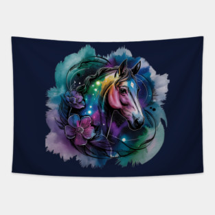 Galaxy Horse with Celestial Aura and Cosmic Florals Tapestry