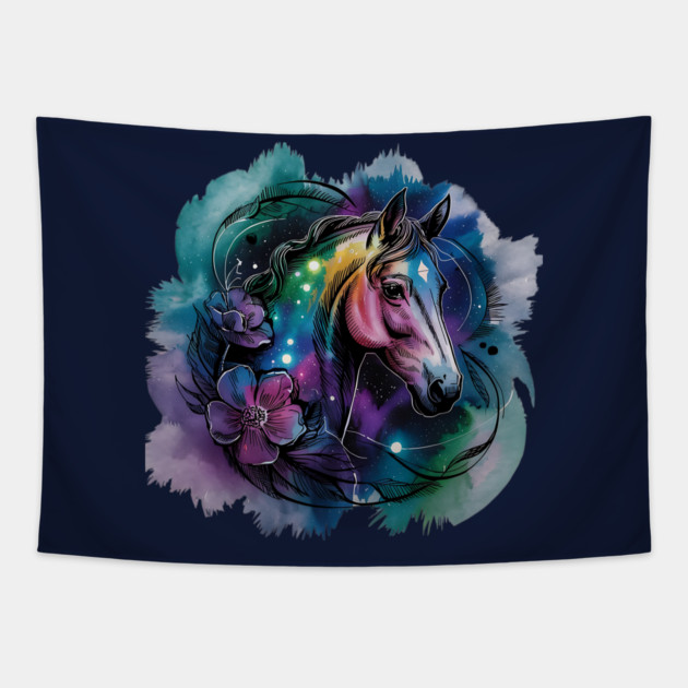 Galaxy Horse with Celestial Aura and Cosmic Florals Tapestry by BirdsnStuff