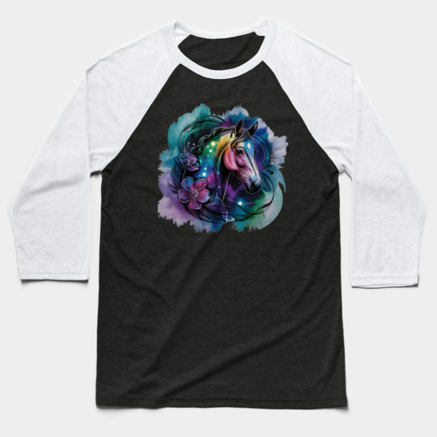 Galaxy Horse with Celestial Aura and Cosmic Florals Baseball T-Shirt by BirdsnStuff