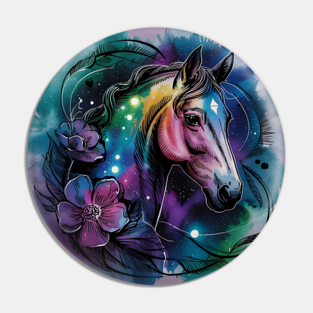Galaxy Horse with Celestial Aura and Cosmic Florals Pin by BirdsnStuff