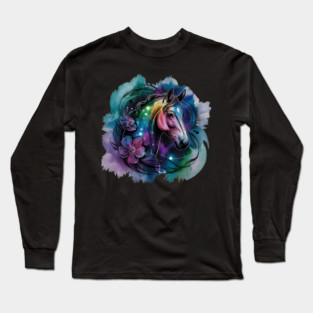 Galaxy Horse with Celestial Aura and Cosmic Florals Long Sleeve T-Shirt