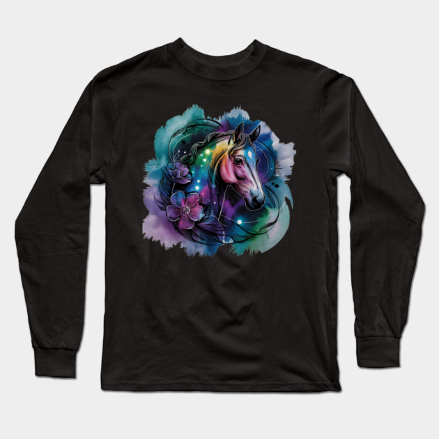 Galaxy Horse with Celestial Aura and Cosmic Florals Long Sleeve T-Shirt by BirdsnStuff